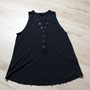 The Range‎ Women Small Tank Top Linen Blend Ribbed 1/4 Button Snap Black